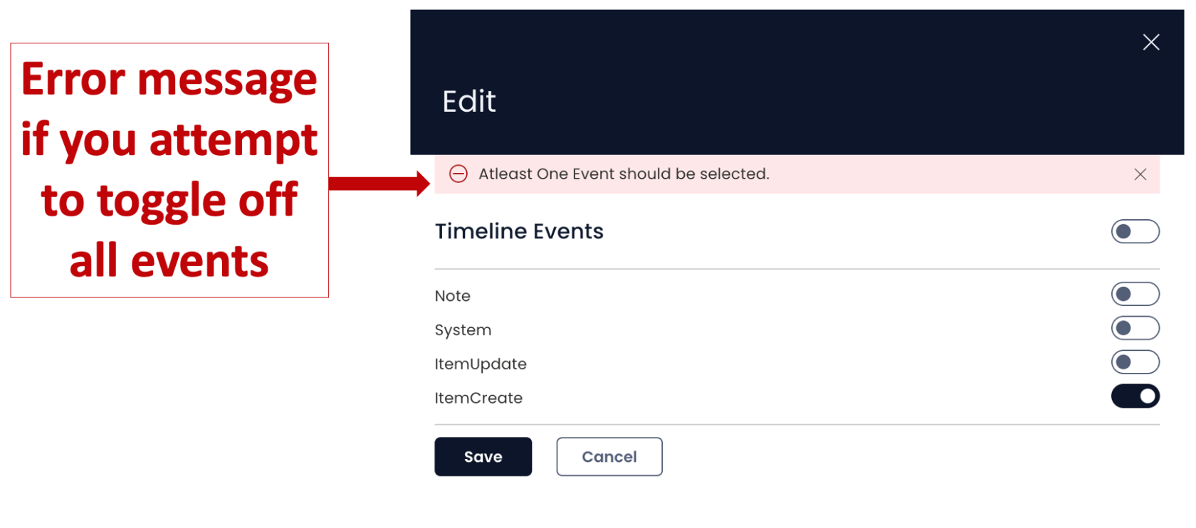 Error message with no events